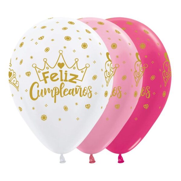 GLOBO LATEX FELIZ CUMPLEAÑOS CORONAS 30CM 12U