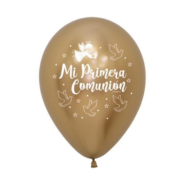 GLOBO LATEX DORADO COMUNION PALOMAS 30CM 12U
